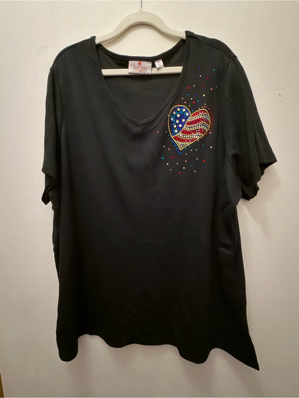 Quacker Factory Black V-Neck Top with Rhinestone American Flag Heart